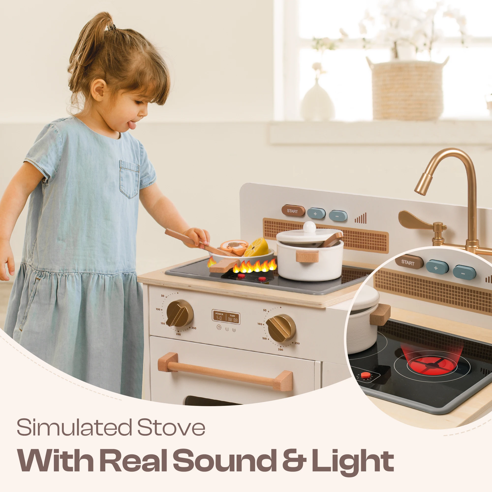 ROBUD Wooden Kids Kitchen Playset with Sound Light Stove Oven Pot Utensils Educational Role Play Toy Gift for 3 6 Years White