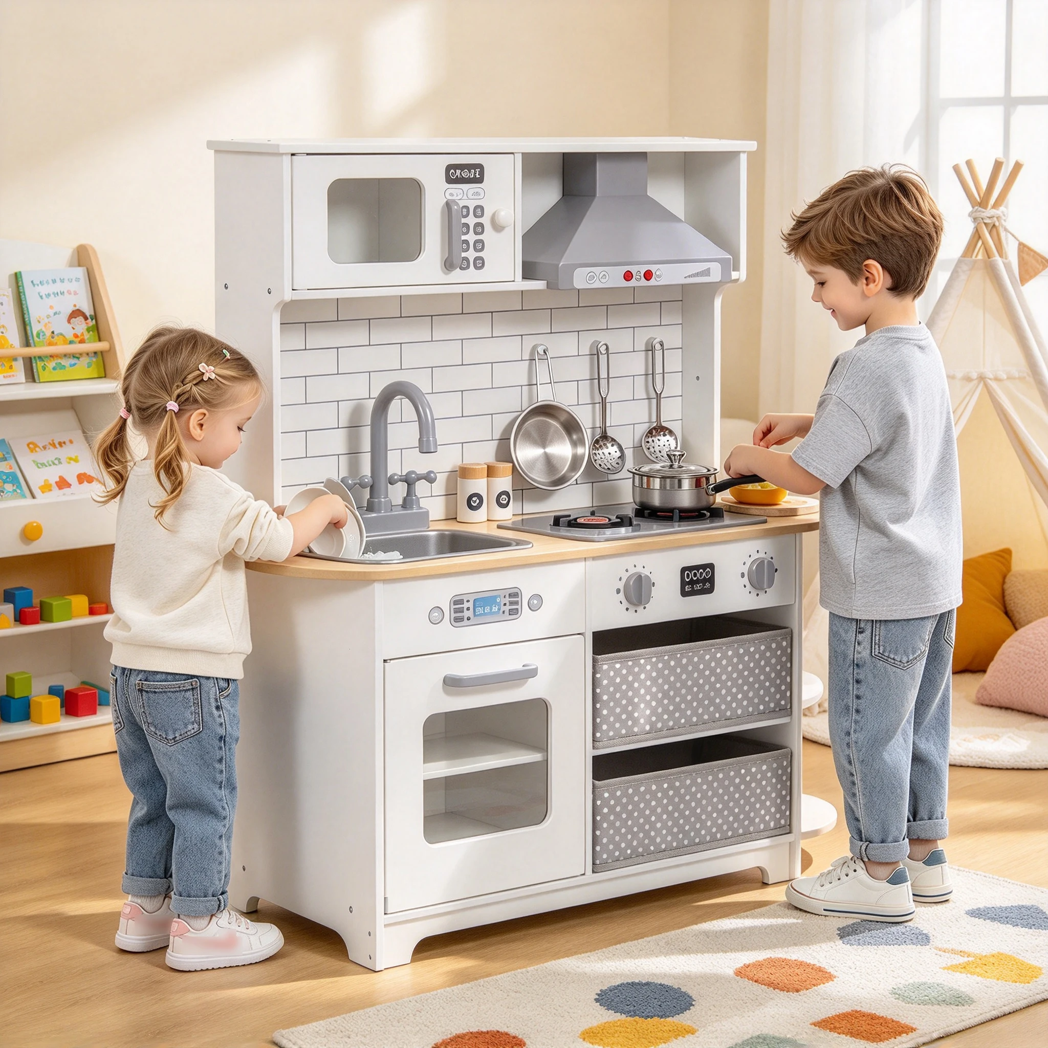 Modern Wooden Play Kitchen Set for Kids, 33.4'' Pretend Kitchen with Toy Storage, Realistic Lights & Sounds, Chef Playset with Cookware Accessories, Perfect Toddler Kitchen Toy for Boys & Girls Ages 3+