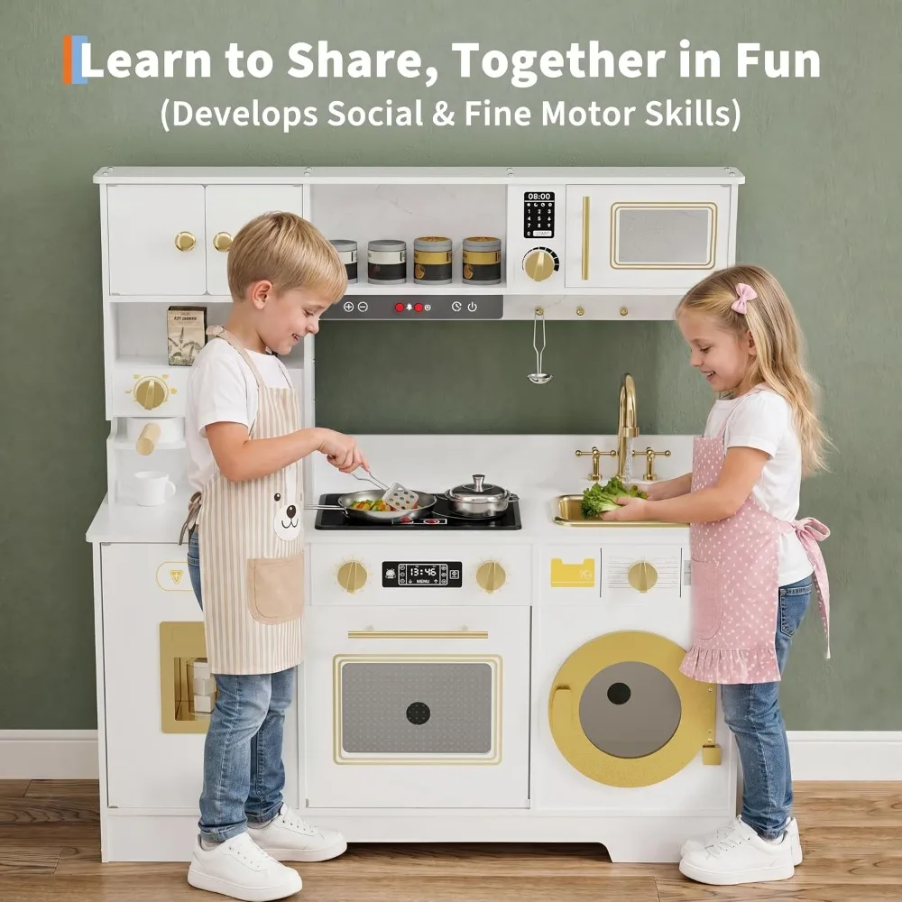 1set Play Kitchen Wooden with Wash basin and Coffee Maker Cookware Accessories Microwave Toy Kitchen Gift for Boys Girls 3+ White