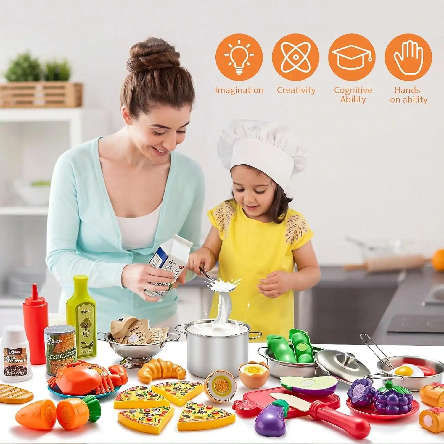 52PCS Toddler Pretend Kitchen Toy Set, Realistic Stainless‑Steel Cookware & Cuttable Play Food, Kids Simulation Cooking Role‑Play Playset, Interactive Educational Game Toy, Ideal Birthday Christmas Holiday Gift For Boys Girls Kids Ages 2 Years Old And Up - Image 5