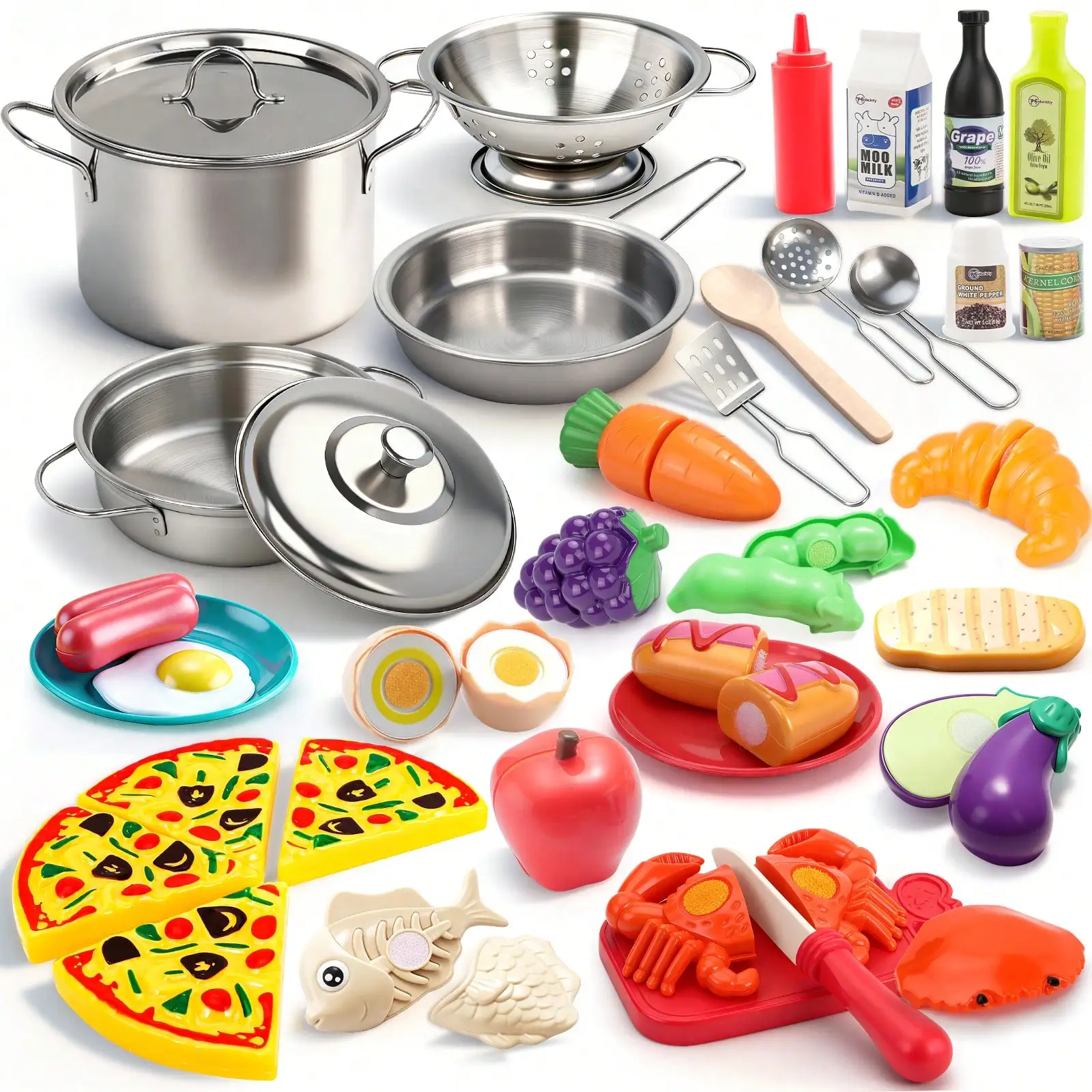 52PCS Toddler Pretend Kitchen Toy Set, Realistic Stainless‑Steel Cookware & Cuttable Play Food, Kids Simulation Cooking Role‑Play Playset, Interactive Educational Game Toy, Ideal Birthday Christmas Holiday Gift For Boys Girls Kids Ages 2 Years Old And Up