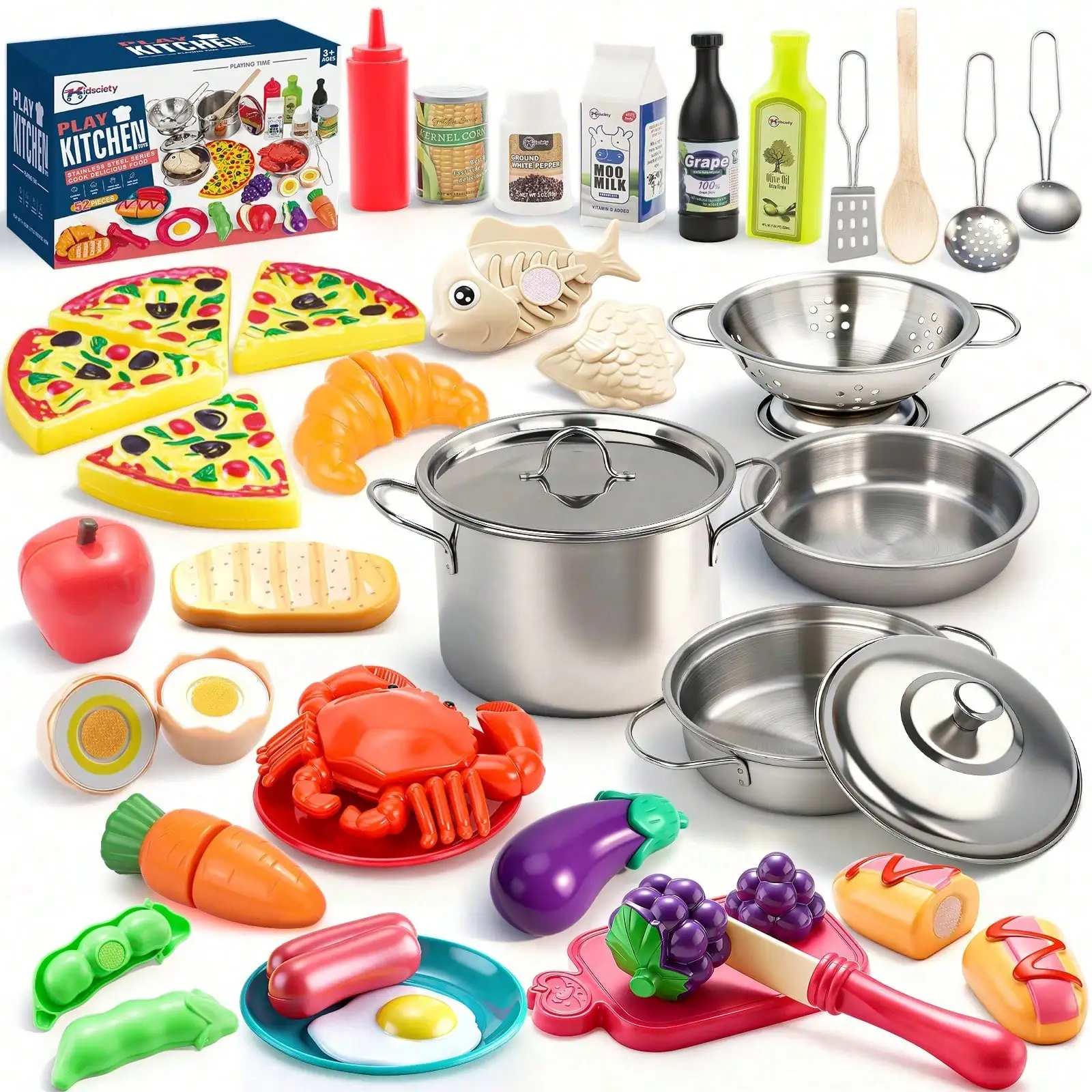52PCS Toddler Pretend Kitchen Toy Set, Realistic Stainless‑Steel Cookware & Cuttable Play Food, Kids Simulation Cooking Role‑Play Playset, Interactive Educational Game Toy, Ideal Birthday Christmas Holiday Gift For Boys Girls Kids Ages 2 Years Old And Up - Image 8